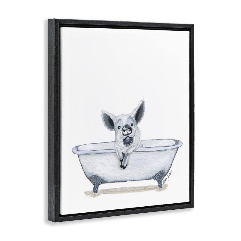 "Cochon dans la baignoire", art mural encadré par Ashley Justice, H 31 po x l 25 po, Cadre flottant noir de jais