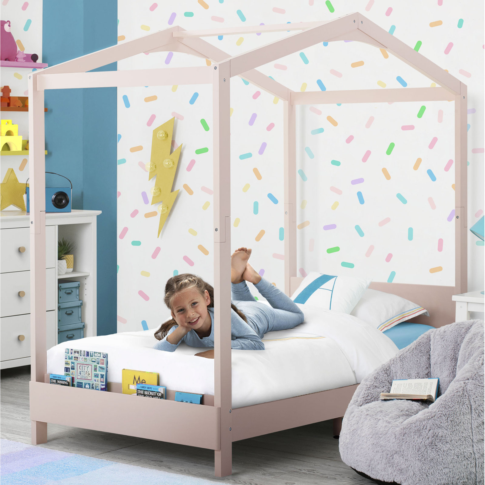Twin Solid Wood Platform Standard Bed with Shelves by Delta Children, Blush Pink