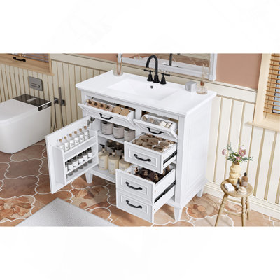 Meuble-lavabo de 36 pouces avec comptoir en céramique, structure en bois massif, armoire en bois aggloméré et peuplier, tiroirs rabattables, tablette réglable et poignées en alliage de zinc, armoire de rangement autoportante (robinet non inclus)