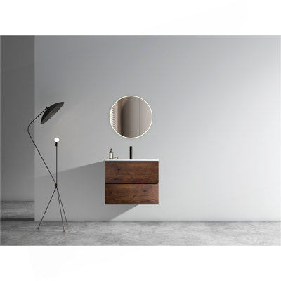 24" Wall Mount Walnut Floating Bathroom Vanity with Ceramic Sink, Large Storage, One-Piece Basin without Drain, Pre-assembled