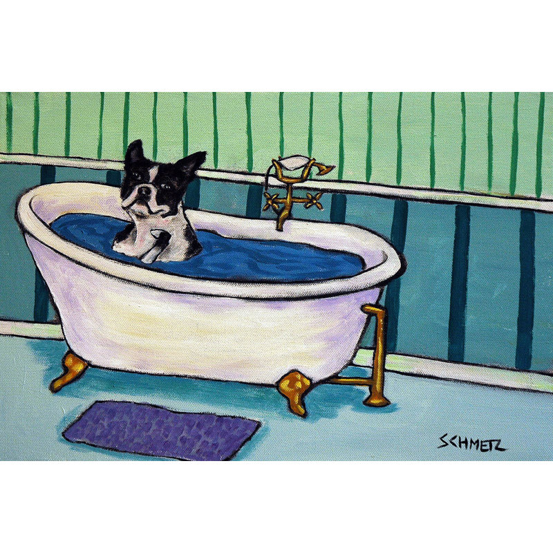 «Boston Terrier Bath» par Jay Schmetz, reproduction sur toile, H 12 po x l 18 po