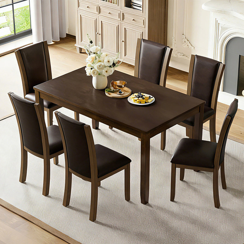Ensemble de table à manger moderne 7 pièces avec 6 chaises rembourrées, ensemble de table à manger rectangulaire en bois pour 6 avec chaises, pour salle à manger, cuisine, restaurant, noyer