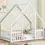 Lit double blanc en forme de maison avec clôture et barrières de sécurité - Fabriqué en pin de qualité pour un sommeil durable