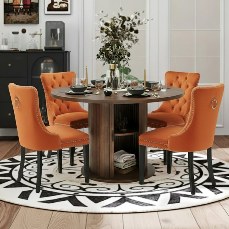 5 Pieces Round Dining Table Sets For 4-6 People, Orange/Black