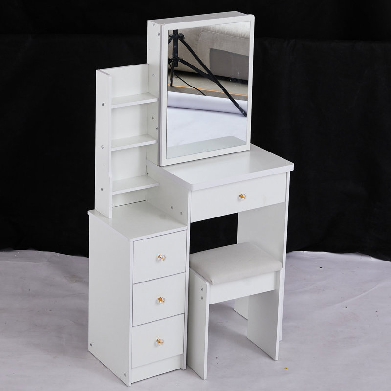 Left Bedside Cabinet Vanity Table For Tiny Spaces, With Padded Seat & Extra Large Mirror, Multi-layer Storage, White Dresser Compact Areas Vanity, Includes Cushioned Chair Sliding Elegant