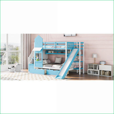 Lit superposé simple au-dessus d'un lit simple avec glissière, 2 tiroirs et amp; 3 tablettes - bleu