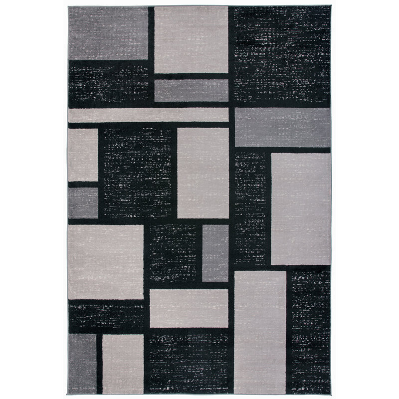 Arnaldur Geometric Black/Gray/White Area Rug, Rectangle 9' x 12'