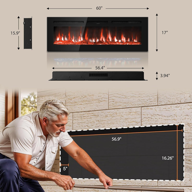 60 inch Electric Fireplace Wall-Mounted Recessed 750/1500W 5120 BTU Heat Output Fireplace Heater with Remote Control Timer 12 Adjustable Flame Colours Brightness Log Set Crystal Stones