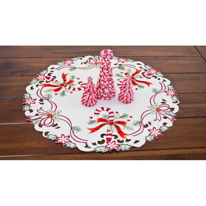 Julyus Candy Cane and Holly Leaves Round Doily, 23" Round