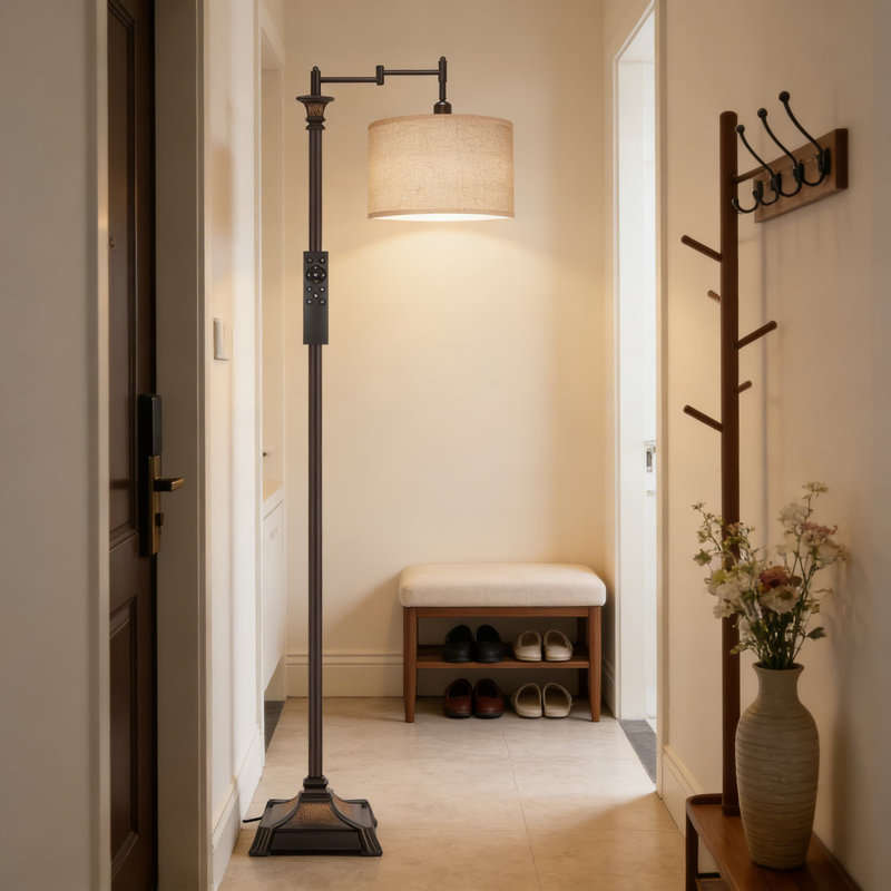Lampe sur pied intelligente avec télécommande, 350? Bras pivotant réglable et gradation continue, design rétro avec abat-jour en lin pour le salon, la chambre à coucher ou le bureau à domicile