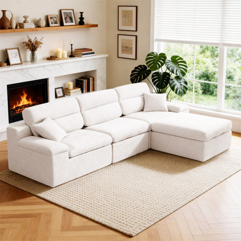 Canapé d'angle avec dossier haut, canapé en L avec chenille flammée, coussin en éponge haute densité compressé, canapé sans assemblage peu encombrant pour le salon, un appartement