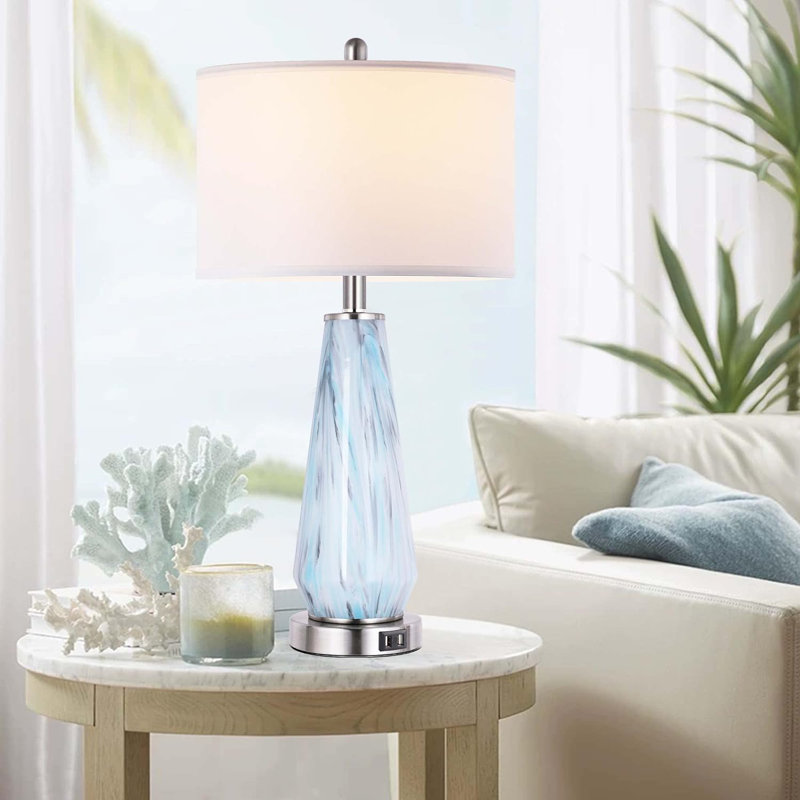 27" Blue and Gray Art Glass Table Lamp Set with USB Ports