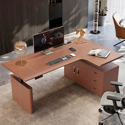 Light Luxury L-Shaped Corner Electric Height Adjustable Computer Desk, Brown Saddle Leather Tabletop, Plug-in Lifting System with Storage Cabinet & Safety Lock, Suitable for Multiple Scenarios