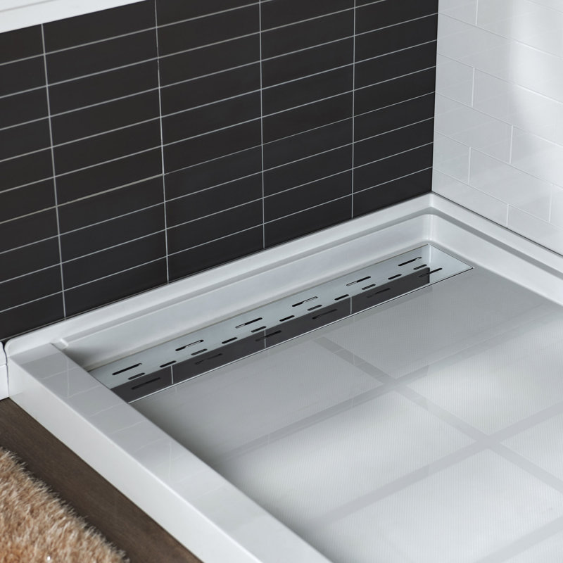 60" W x 34" D Solid Surface Single Threshold Shower Pan Base with Drain Assembly & Drain Cover Included, Non-Slip, Left