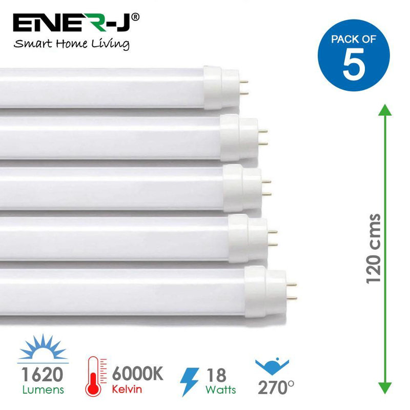 ENER J 5 Pack T8 LED Tube 4ft 120cm 18W 6000K Daylight Nano Plastic