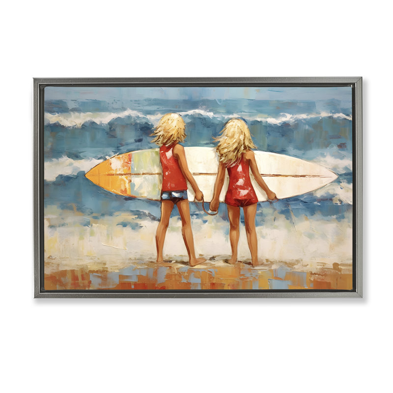 Frères et sœurs avec planche de surf brune encadrée, toile flottante par Petal Prints Design, Cadre flottant gris lustré