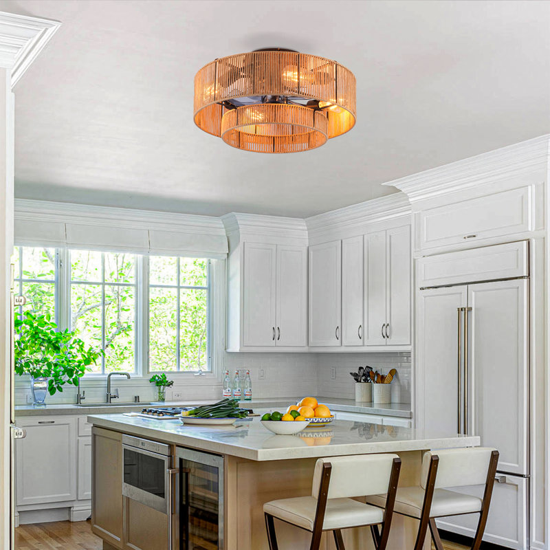 20" Double Tier Rope Cage Flush Mount Ceiling Fan With Light Kit, Remote Control, 6 Speed Dc Motor, Reversible For Living Room Bedroom, Low Profile Chandelier Style, Bulbs Not Included