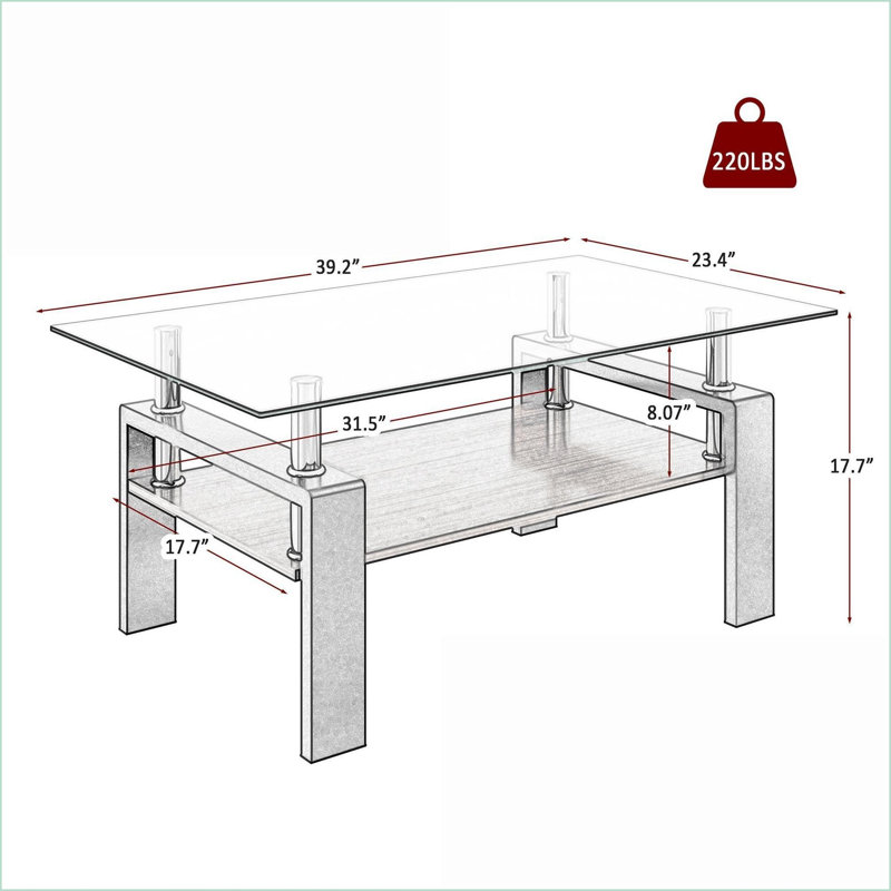 Table basse en verre trempé avec tablette en panneau de fibres à densité moyenne pour le salon, facile à nettoyer et amp; Capacité de charge de 220 lb