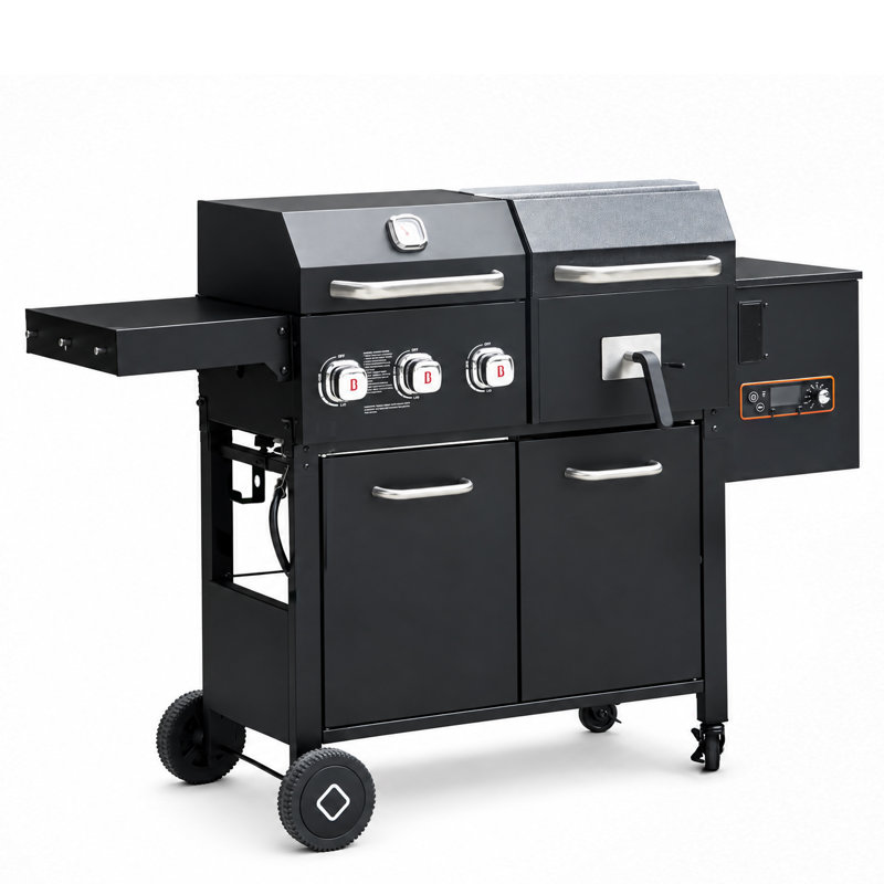 Flintex Gas & Wood Pellet Grill Smoker Combo with Griddle, 709 sq. in. Total Cooking Area, 3 Propane Burner 24,000 BTU, Digital Temp Control, Side Shelf, Rolling Cart