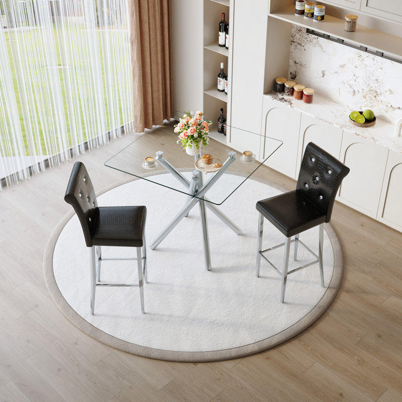 Ensemble de 2 tables de bar et tabourets de bar à hauteur fixe en verre Modern, Noir / argenté, Argent