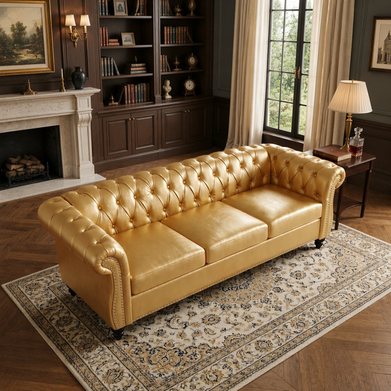 Canapé classique à trois places Chesterfield, canapé à dossier capitonné avec accoudoirs roulés, canapé rembourré à cadre robuste pour le salon, l’appartement et le bureau