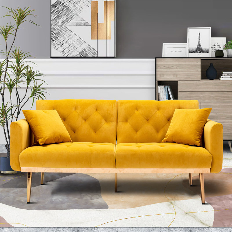 Velvet Upholstered Split Back Convertible Futon Sofa Bed With Two Pillows, Mustard Velvet
