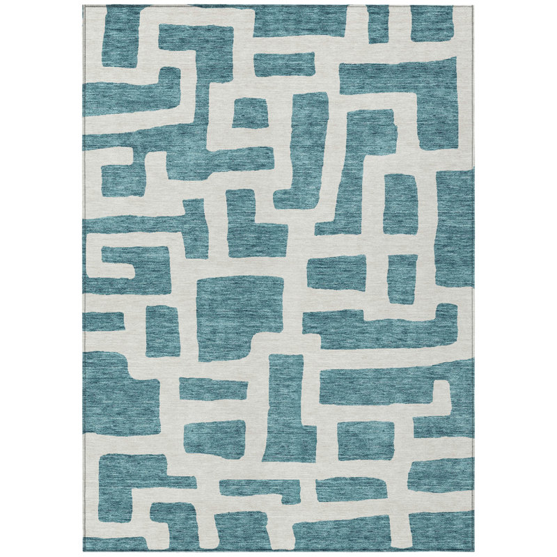 Tapis d'extérieur lavable abstrait bleu sarcelle et ivoire 5 pi x 8 pi