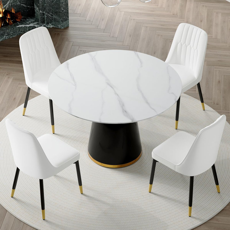Marble Look Dining Room Table Set With Chairs – Elegant, Durable, Easy To Maintain, White, 5 Pieces: Table, 4 Chairs