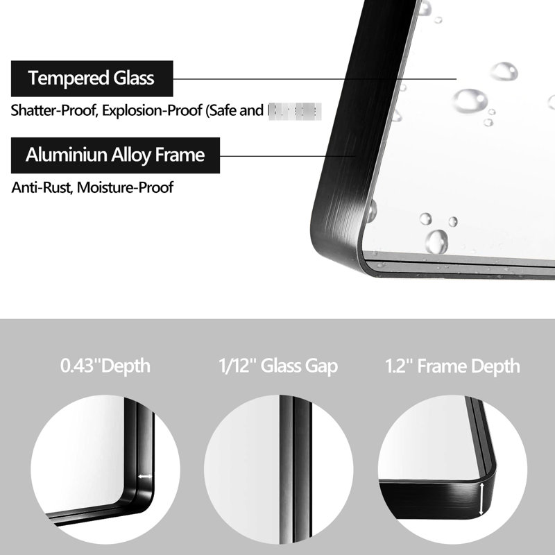 Miroir de salle de bain 36 po x 24 po avec cadre en aluminium noir - reflet transparent du verre flotté HD, cadre rouillé, mesure à l'épreuve, support en Z pour un montage mural sécuritaire, emballage sécuritaire 24 po x 36 po