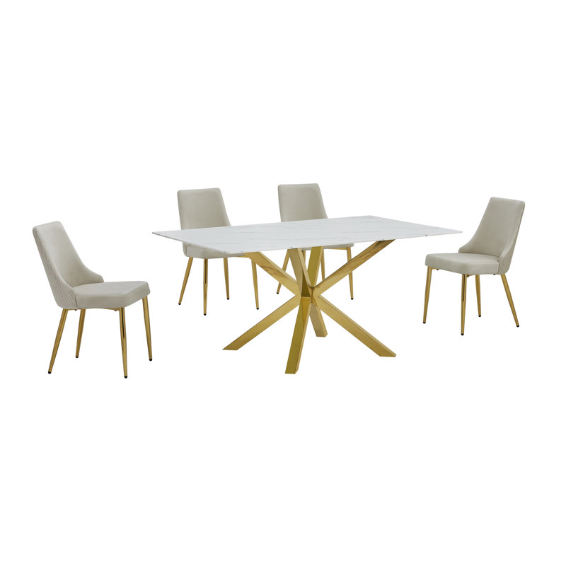 Ensemble de salle à manger en verre L 63 po x l 39 po avec motif en marbre blanc, Crème, 5