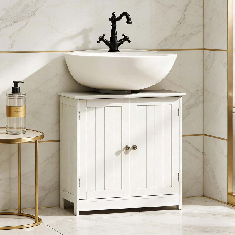 Élégant meuble-lavabo à piédestal et armoire de salle de bain sous le lavabo, Blanc
