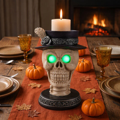 Halloween Skeleton Candelabra with Glowing Green Eyes