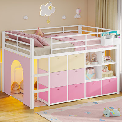 Twin Size Low Loft Bed for Kids, Metal Bed Frame, Stairs, Safety Guardrail, LED Light, Bedside Pocket, 8 Drawers & 4 Storage Cabinets, No Box Spring N