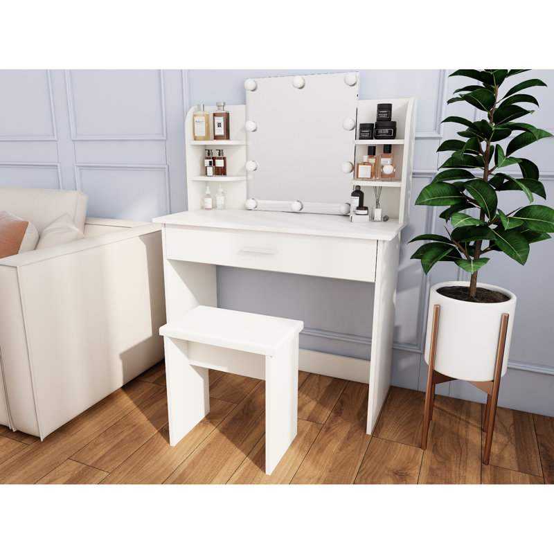 Adjustable Mirror One Drawer Vanity Table, Spacious Storage, Comfortable Seating, Sleek White Design, Particle Board + , 35.35 In Depth, 15.67 Width Table With Drawer, Mirror, Ample Open Shelves,