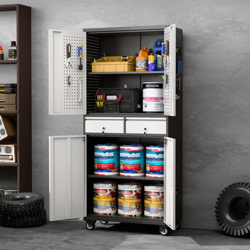 Armoire de rangement pour outils à roulettes H 71 po avec panneau perforé et 2 tiroirs, armoire de rangement en métal avec roues et portes pour garage, entrepôt, maison, assemblage requis, noir