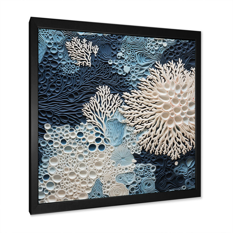 Under Water Blue And White Corals Collage - Coastal Wall Art, Picture Framed, 36" H x 36" W, Black