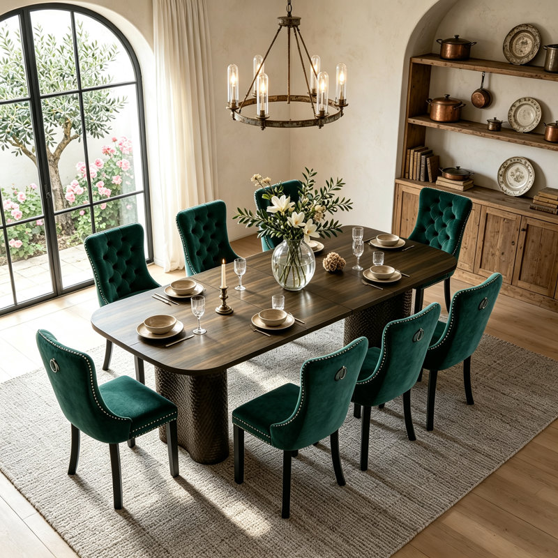 Ensemble de salle à manger ovale extensible 9 pièces pour 8 personnes, table de cuisine de style campagnard de 63" à 95" avec base incurvée martelée et 8 chaises capitonnées en velours