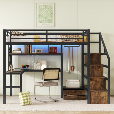 Lit mezzanine double en métal Nixie avec bureau en L, lumières DEL et rangement