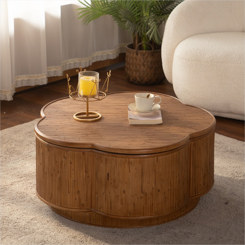 Table basse carrée avec rangement caché, rotin naturel chaleureux, taille compacte de 31,5 pouces, style bohème pour le salon