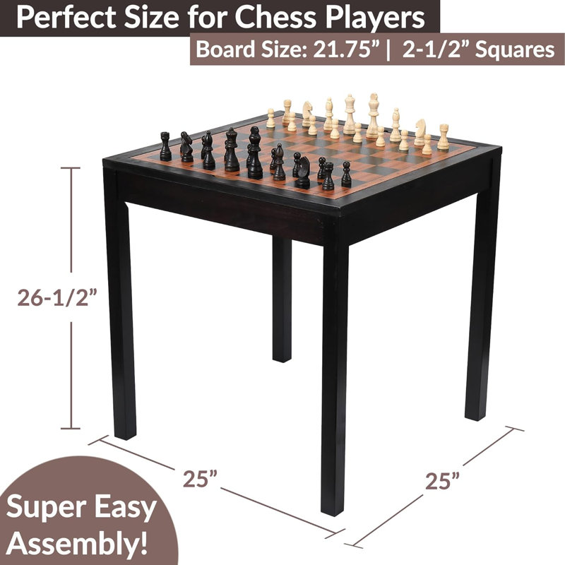 Wooden Chess Checkers and Backgammon 3 in 1 Combo Game Table Furniture Set, 25" x 25", 4" King, Charred Oak