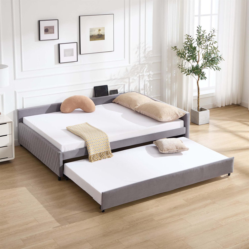 Upholstered Daybed With Trundle, Sturdy Wooden Frame And Modern Diamond Grid Design For Bedroom Or Guest Room Use., Gray