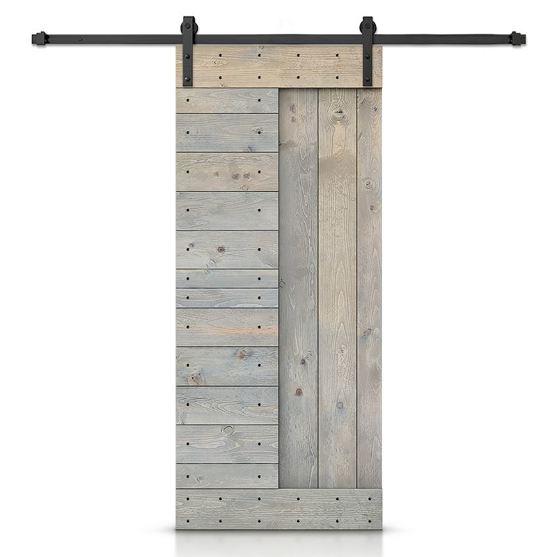 Porte de grange à panneaux et en bois avec quincaillerie d'installation, 24 po x 84 po, Gris fumée