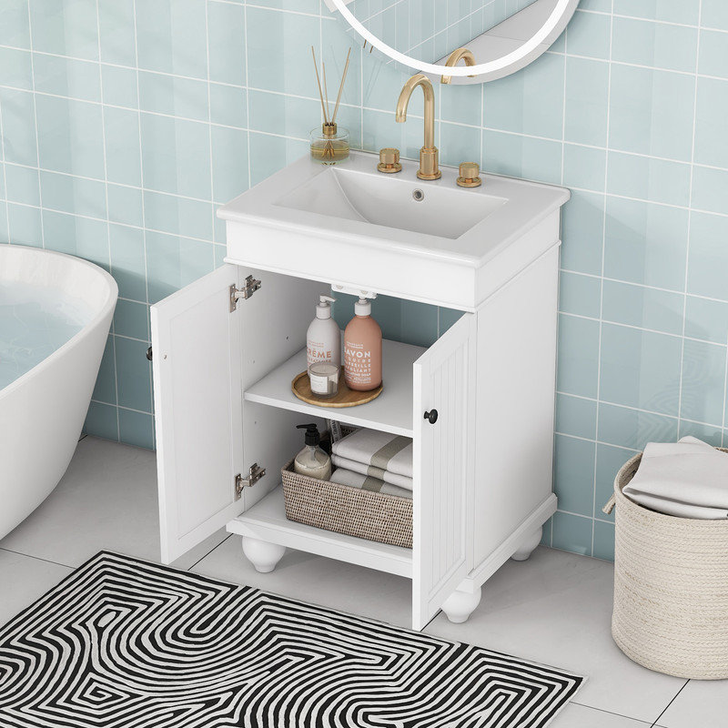 24" White Solid Wood Bathroom Vanity with Ceramic Sink