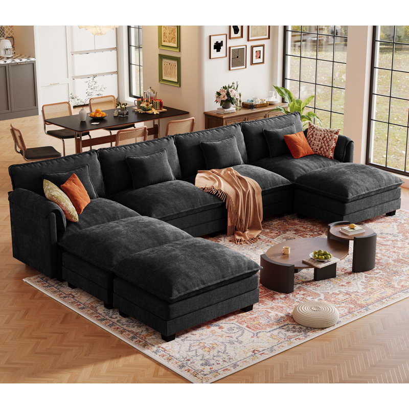 Canapé modulaire en forme de U de 153 po avec siège profond Amabilia 7 pièces 153 po, canapé à 4 places avec repose-pieds amovible - tissu chenille - noir