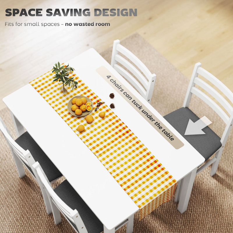 5-Piece Dining Table Set for 4, Farmhouse Kitchen Table Set with 4 Upholstered Padded Chairs, Solid Wood Legs and Backrest for Small Space, Dining Room, Breakfast Nook, White