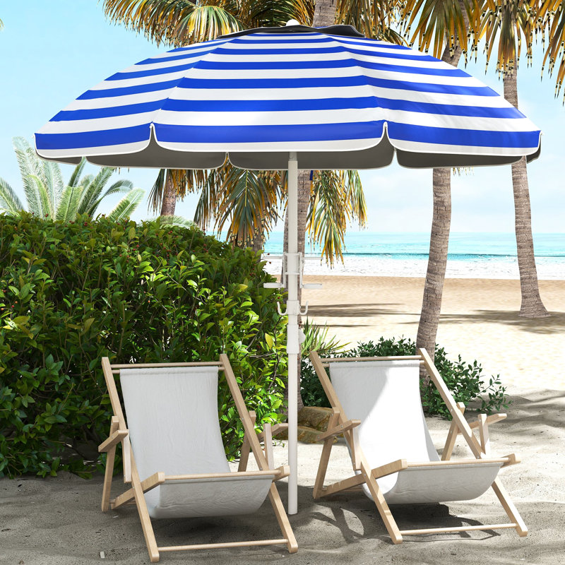 Parasol portatif, hauteur et inclinaison réglables, bouclier 40+, 2 crochets pour porte-gobelets, toit à rayures bleues blanches avec fonction et hauteur, toit, hauteur ventilée réglable