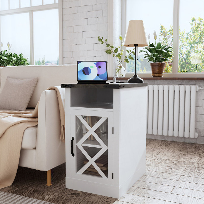 Table de bout Farmhouse avec station de charge, table de chevet rustique avec porte de grange et tablette réglable