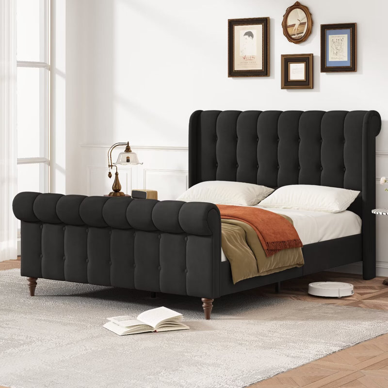 Lit plateforme tapissier avec tête de lit capitonnée et tête de lit capitonnée, tête de lit à oreilles en velours, structure en métal et support à lattes en bois, aucun sommier nécessaire, assemblage facile, silencieux