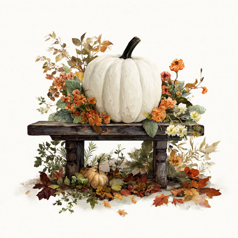 «White Pumpkin on Bench», art mural sur toile tendue, H 20 po x l 20 po
