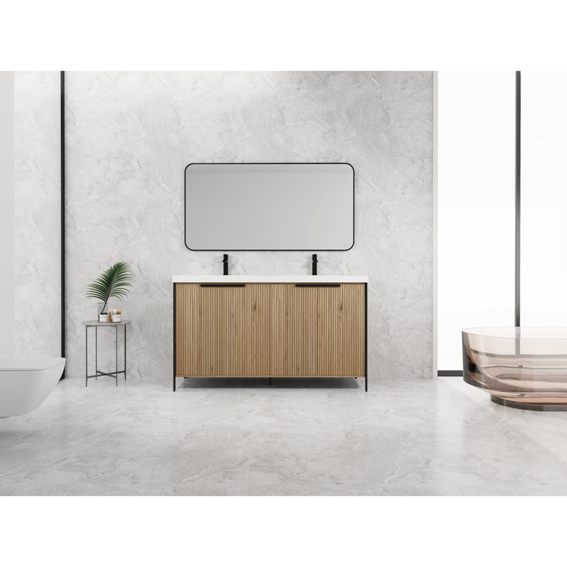 Meuble-lavabo autoportant de 60 po avec double lavabo en résine et 4 portes d'armoire à fermeture en douceur